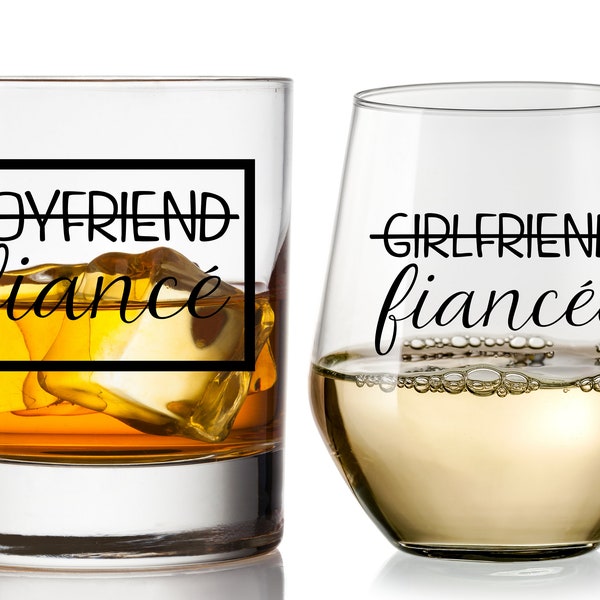 Boyfriend and Girlfriend Wine and Whiskey Glass Gift Set - Engagement Gifts for Couples - Fiance Fiancee Gift for Him and Her - His and Hers