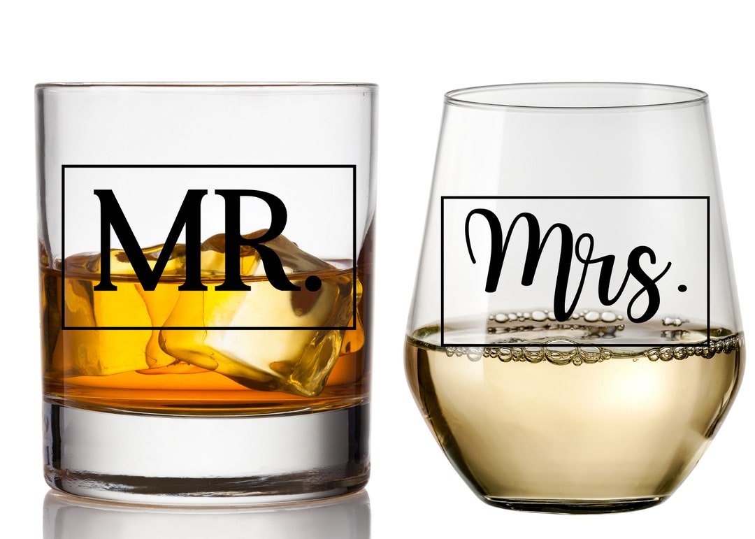 Mr and Mrs Whiskey and Wine Glass Gift Set Wedding Gift Glass Set for