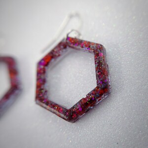 Glitter Purple Red Hexagon Earrings | Make your day sparkle!
