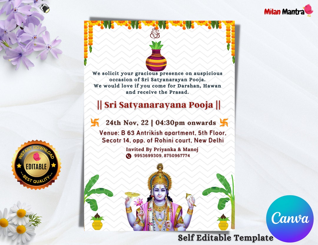 Indian Satyanarayan Pooja Invitation Satyanarayan Pooja Invite