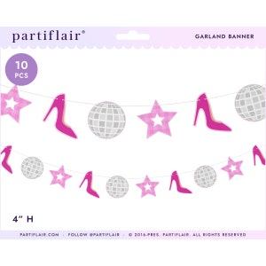Pink Gingham Party Banner: Doll, High Heels, Disco Ball Garland