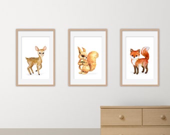 3 forest animal posters as a set (deer - fox - squirrel)