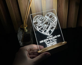 Illuminate Your Love Story: Custom Night Light with Where We Met Map - Personalized LED Lamp for Your First Date Memories