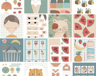 May include: A set of 12 colourful printable activity cards for kids featuring various themes like ice cream, animals, food, and numbers. The cards are designed with a grid pattern and include images and text.