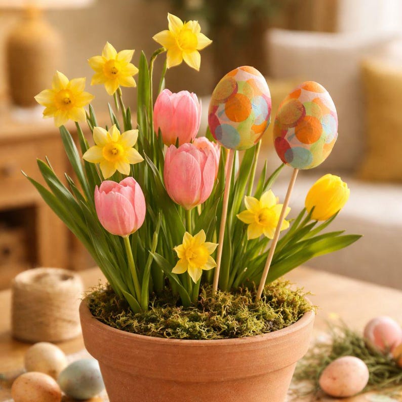 May include: A terracotta pot with green moss, yellow daffodils, and pink tulips. Two decorative Easter eggs on sticks are in the pot. Several painted Easter eggs are scattered around the base of the pot.