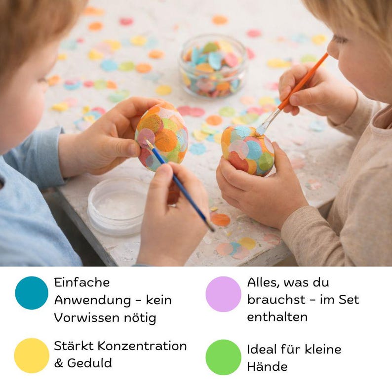 May include: Two children are shown decorating eggs with colourful confetti and paintbrushes. The eggs are covered in multi-coloured confetti. A jar of confetti and a container of glue are also visible. The image includes text in German.