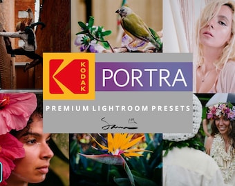 May include: A collage of images showcasing the "Kodak Portra Premium Lightroom Presets" product. The images feature a variety of subjects, including a person jumping in an alleyway, a bird perched on a branch, a woman with blonde hair, a woman with flowers in her hair, and a flower with yellow petals.