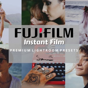 May include: A collage of images showcasing the "FUJIFILM Instant Film" Lightroom presets. The images feature people in various settings, including a couple embracing, a child being held up by a parent, and a person walking on a beach. The text "PREMIUM LIGHTROOM PRESETS" is displayed in the centre of the collage.