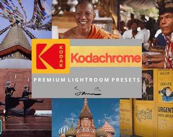 May include: A collage of images featuring various scenes from around the world, including a Buddhist stupa, a monk, a street scene in Asia, a group of soldiers in uniform, a church with onion domes, and a sign for a photo service. The text "Kodachrome" and "PREMIUM LIGHTROOM PRESETS" is displayed in a yellow and red banner.