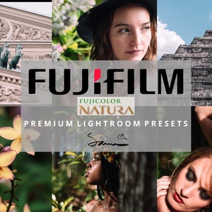 May include: A collage of images showcasing the Fujifilm Fujicolor Natura Premium Lightroom Presets. The images include a building with ornate details, a woman wearing a hat, a pyramid, flowers, a woman with dark makeup, and a woman with dark skin.