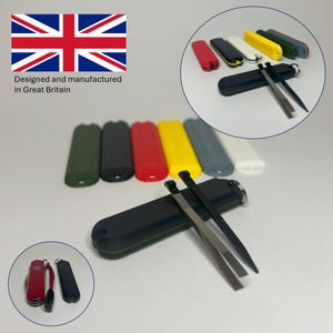 May include: A selection of colourful pocket knife cases and tools. The cases are in various colours, including green, black, red, yellow, and white. The image also shows a black case with tools and a red pocket knife. The text reads "Designed and manufactured in Great Britain."