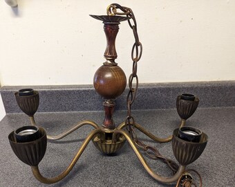 Vintage Brass Chandelier- Five Arms/Lights- MCM-1940s-Wood & Amber Glass