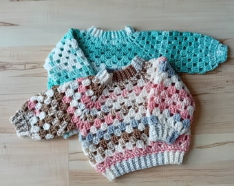 Handmade Granny Stitch Crochet Jumper for Baby, Baby Shower Gift, Unisex Sweater