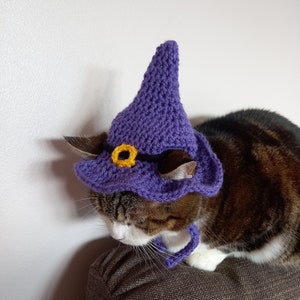 May include: A brown and white tabby cat wearing a purple crocheted witch hat with a yellow buckle. The hat has a long purple tie.