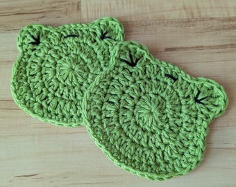 TWO Frog Coasters , Animal Gift , Cute Crochet , Eco Friendly