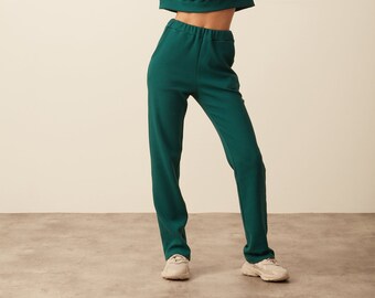 Wide Leg Joggers - 100% Organic Cotton - Emerald. Women's loungewear, warm, elastic waistband, stylish, yoga, ethically made, sustainable