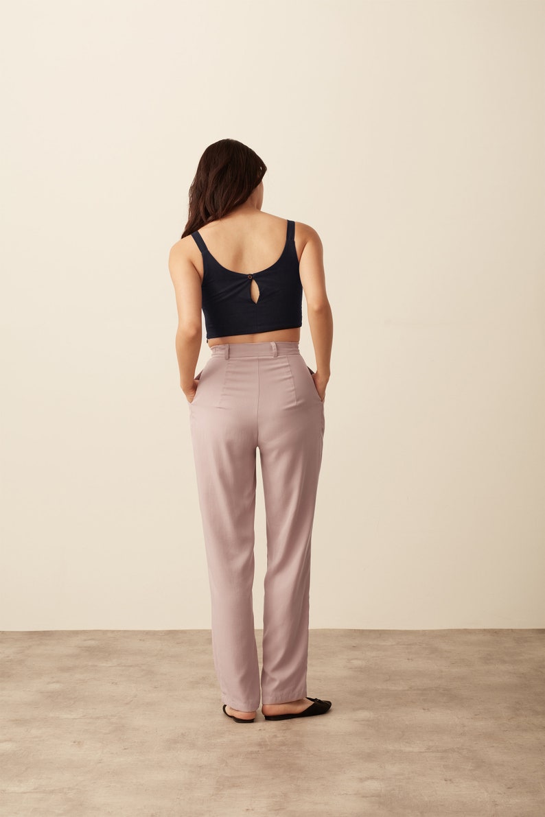 Pleated Wide Leg Tencel Trousers 100% Tencel Rose. Classic double pleats bottoms, relaxed style, mid rise with partial elastic sides image 4