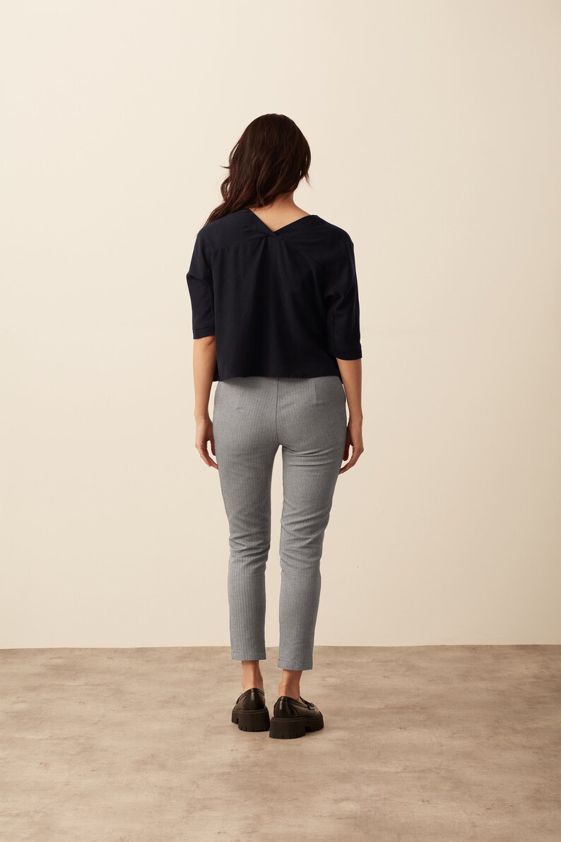 Straight Leg Crop Trousers 100% Organic Cotton Grey Chevron. Women's tapered leg trousers, partial elastic waist, woven twill fabric image 3