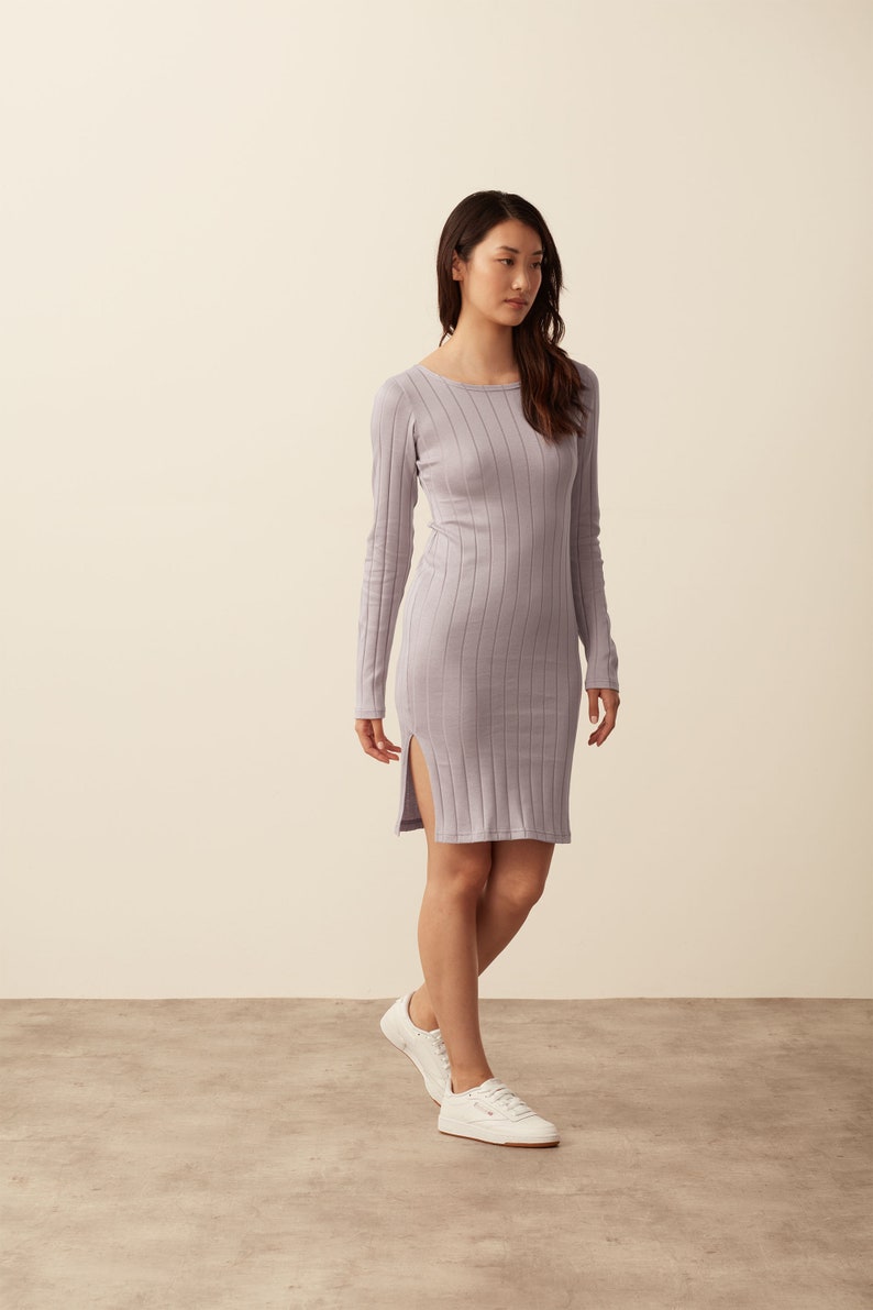Ribbed Midi Dress 100% Organic Cotton Pink Clay. Flattering casual dress, comfortable dress with long sleeves, side split, knee length image 3