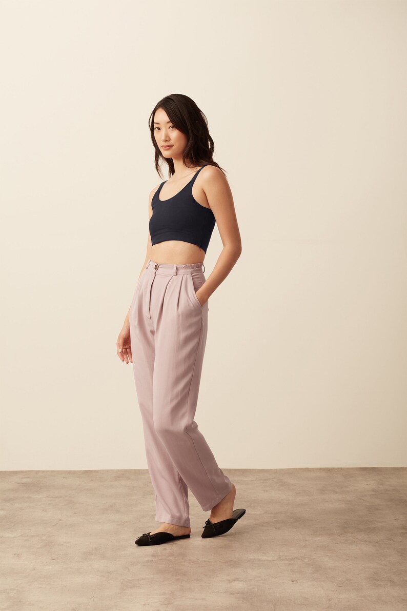 Pleated Wide Leg Tencel Trousers 100% Tencel Rose. Classic double pleats bottoms, relaxed style, mid rise with partial elastic sides image 3