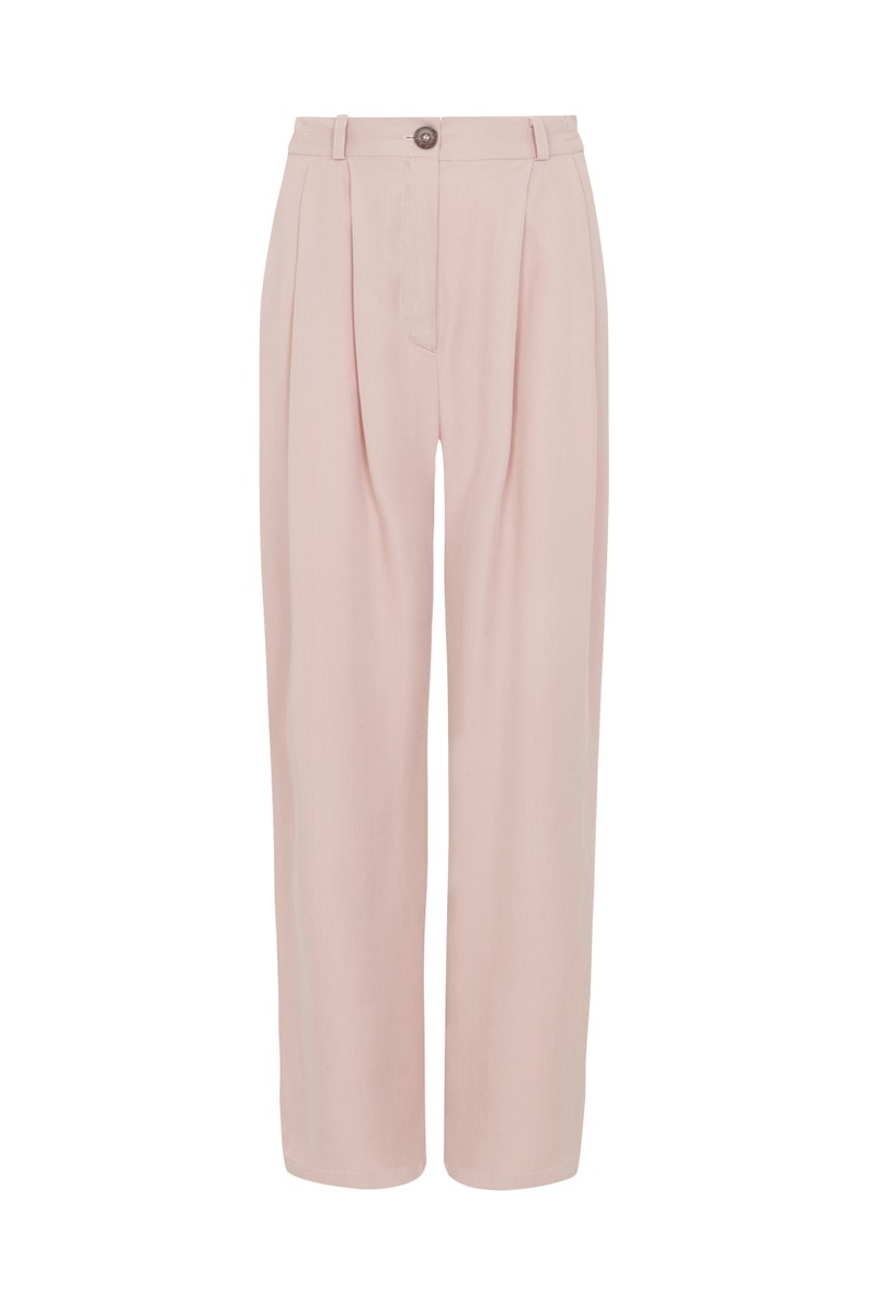 Pleated Wide Leg Tencel Trousers 100% Tencel Rose. Classic double pleats bottoms, relaxed style, mid rise with partial elastic sides image 7