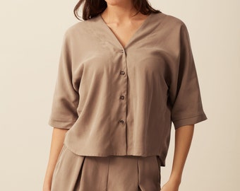 Boxy Shirt - 100% Tencel - Almond. Boxy style fit, sustainable coconut buttons, ethically made, cropped style, relaxed, minimalist Korean