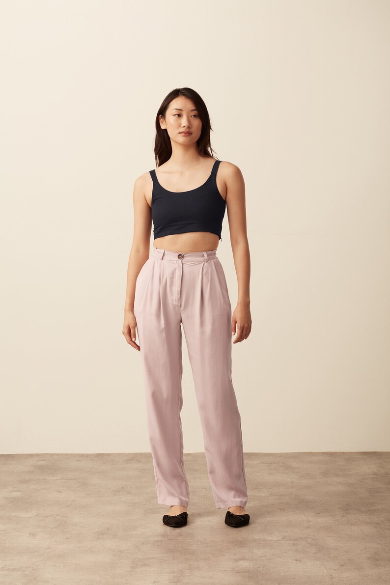 Pleated Wide Leg Tencel Trousers 100% Tencel Rose. Classic double pleats bottoms, relaxed style, mid rise with partial elastic sides image 1