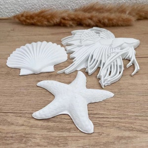 May include: Three white, decorative, 3D printed sea-themed ornaments: a seashell, a starfish, and a stylised fish.