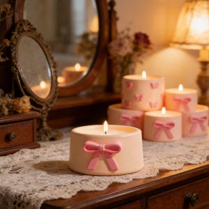 Può includere: Candele color pesca accese con decorazioni a fiocco e farfalla rosa. Le candele sono disposte su una superficie di legno con un runner in pizzo, vicino a uno specchio e una lampada vintage.