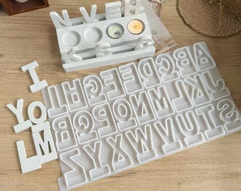 Stampo per colata 26 lettere Inserito Quadrato/rotondo/3 fori Stampo per candela Stampo in silicone Stampo per cemento Stampo in resina Gip Gip