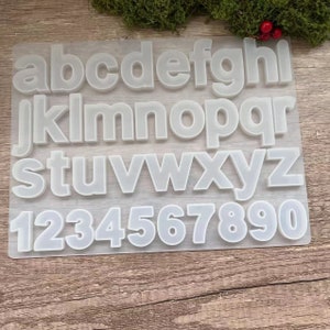 Peut inclure: Un moule en silicone transparent présentant l'alphabet minuscule et les chiffres de 0 à 9. Les lettres et les chiffres sont dans une police sans-serif arrondie. Le moule est posé sur une surface en bois clair, avec de la verdure et des baies rouges en arrière-plan.