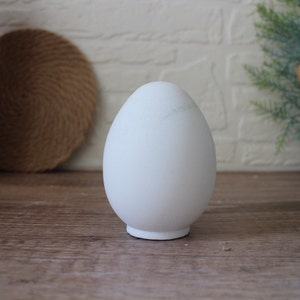 May include: A white ceramic egg-shaped vase with a smooth, matte finish. The vase is sitting on a wooden surface.