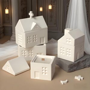 Puede incluir: Una colección de recipientes blancos de cerámica con forma de casa, algunos con tapas y detalles en forma de cruz. Los recipientes tienen ventanas y puertas rectangulares, con un recipiente en forma de casa sobre una piedra gris. El tema es la decoración del hogar.
