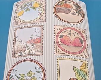 Vintage Postage Stamp Sticker Set (6) | Kiss Cut Cottagecore Stickers | Mushroom Strawberry Snail Botanical Scrapbook Stickers | Lemon
