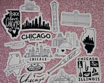 Chicago Skyline Sticker Set, Black and White City stickers, Windy City Art Pack
