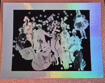 Holographic Collage Art Print, Rose Petals Sequins Mixed Media, 8x11 Limited Edition