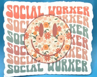 Retro Blumen Smiley Sozialarbeiter Aufkleber, Vintage Groovy Blumen Aufkleber, BSW, LSW, Therapeut