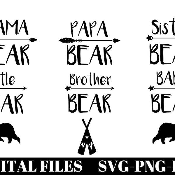 Mama Bear SVG, Papa Bear SVG, Bear Family SVG, Sister Brother Baby Bear Svg, Silhouette, Cut File for Cricut