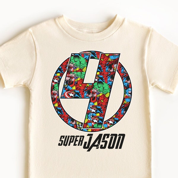 Custom Super Hero Birthday Boy Shirt, Super Hero Party Tee, 3th 4th 5th 6th Birthday Boy T-Shirt, Custom Name and Age, My 4th Birthday Shirt