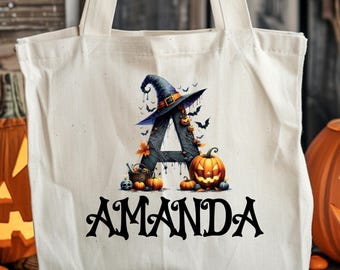 Personalized Halloween Tote Bag, One Sided Trick or Treat Bag, Kids Halloween Candy Bag, Candy Sack, Custom Name Halloween Treat Bag