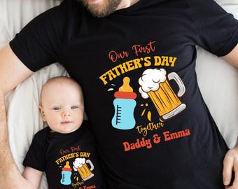 Custom Our First Father's Day Daddy Baby Matching Shirts, Beer Milk Bottle Outfits