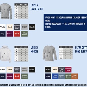 a collection of sweatshirts and hoodies in various colors and sizes, along with a menu that provides measurement options for the items.
