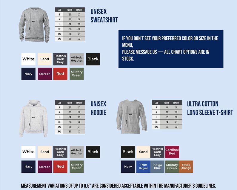 a collection of sweatshirts and hoodies in various colors and sizes, along with a menu that provides measurement options for the items.