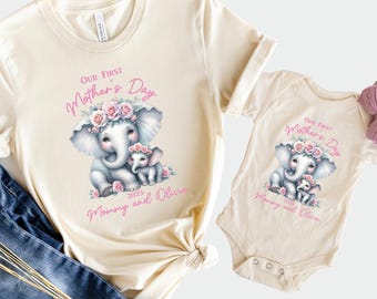 Custom Our First Mother's Day Shirt, Personalized First Mothers Day Gift, Matching Mommy And Me T-Shirts, Cute Elephant Mommy And Me Tee