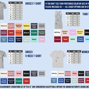 The image is a collage of various T-shirt designs, including different styles and colors, along with their corresponding measurements and descriptions.