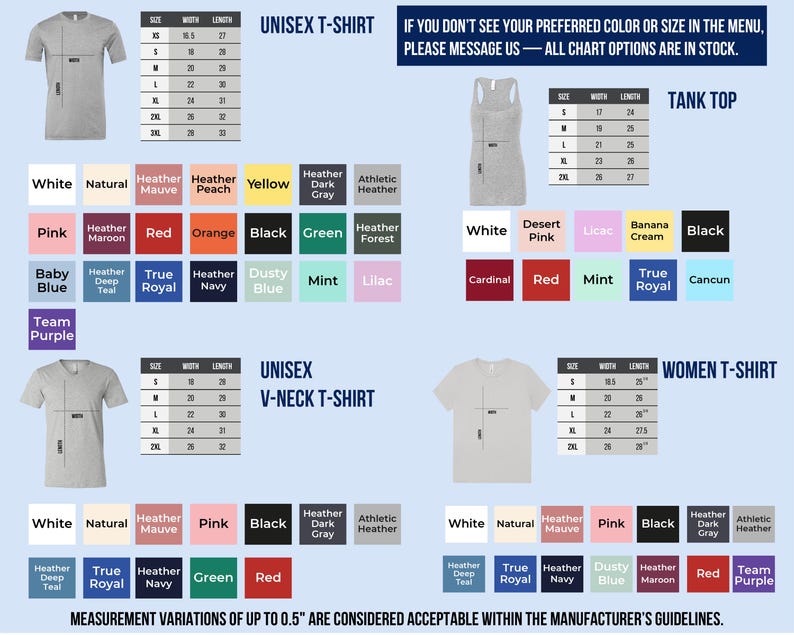 The image is a collage of various T-shirt designs, including different styles and colors, along with their corresponding measurements and descriptions.