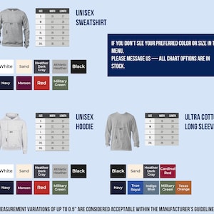 a collection of sweatshirts and hoodies in various colors and sizes, along with a menu that provides measurement options for the items.
