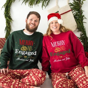 Personalized Merry and Engaged Shirt, New Engaged Christmas Long sleeve Shirt, Christmas Gift For Newly Engaged Couple, Gift For Fiancee