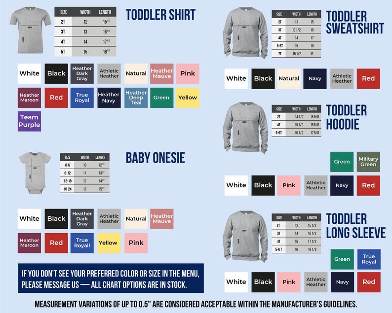 a collection of children's clothing items, including toddler shirts and sweatshirts, with various sizes and colors available.