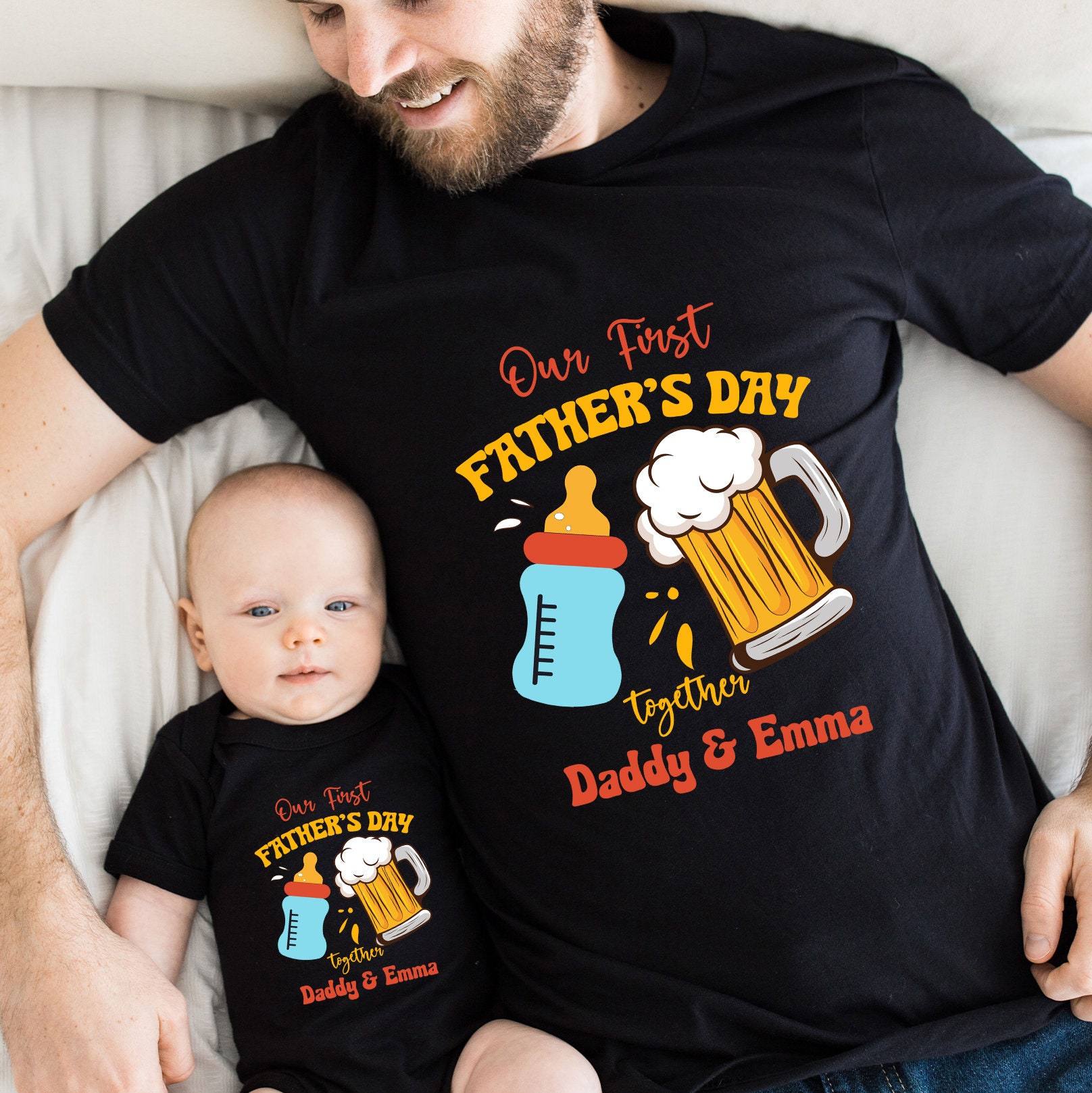 Custom Our First Father s Day Together Shirts and Outfit Daddy Children T shirt Personalised Gift Beer Milk Bottle 1st Fathers Day Etsy